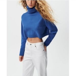 ZARA | High Neck Cropped Sweater Blue Sz M